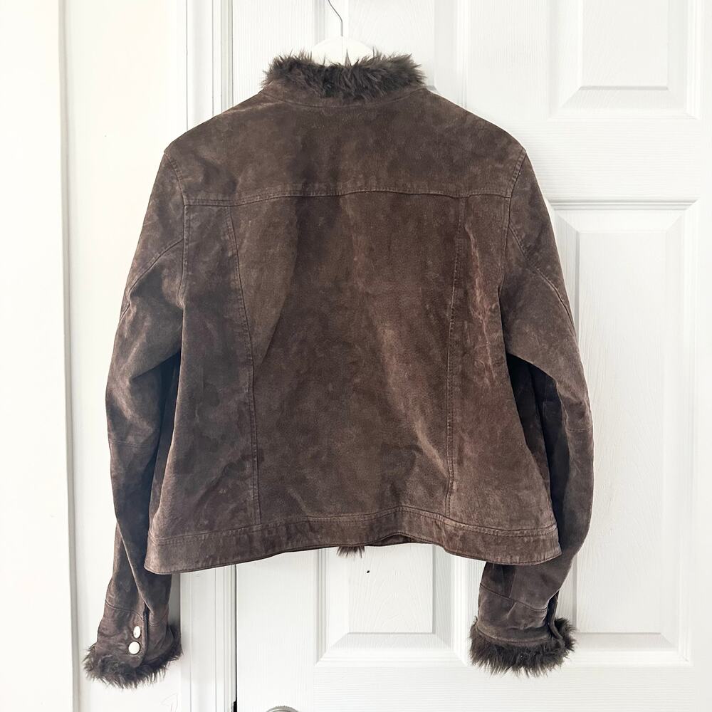 Coldwater Creek Chocolate Brown Suede Fur Trim Zip Trucker Jacket Y2K Vintage L - Picture 8 of 9